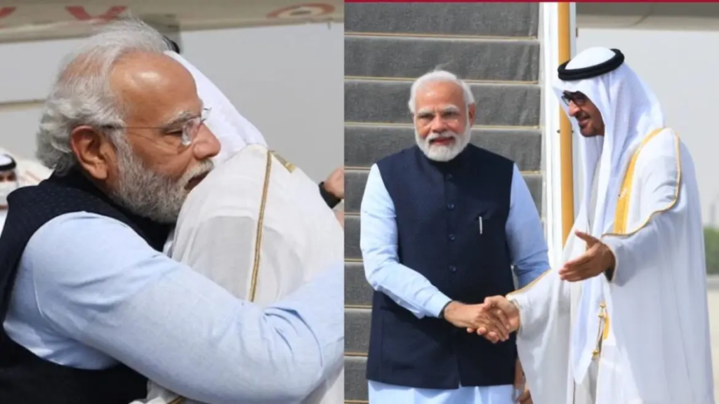 NARENDRA MODI IS WELCOMED IN ABU DHABI BY UAE PRESIDENT WITH A WARM HUG